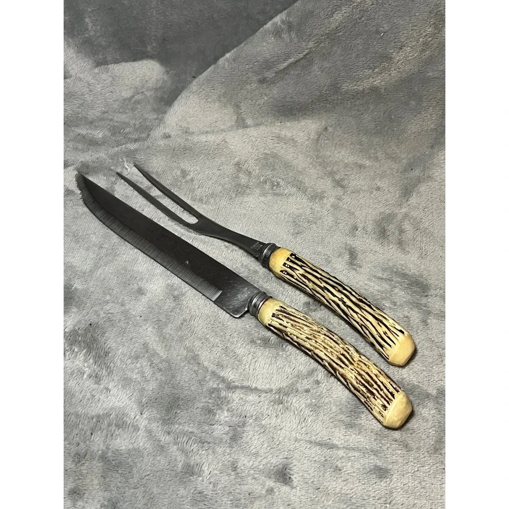 Vintage Japan Carving Set Faux Stag Handle Knife Fork Rustic Cabin Lodge Decor